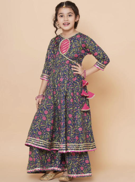 Blue Floral Angrakha Gotta Patti Kurta Sharara set With Dupatta - Image 2